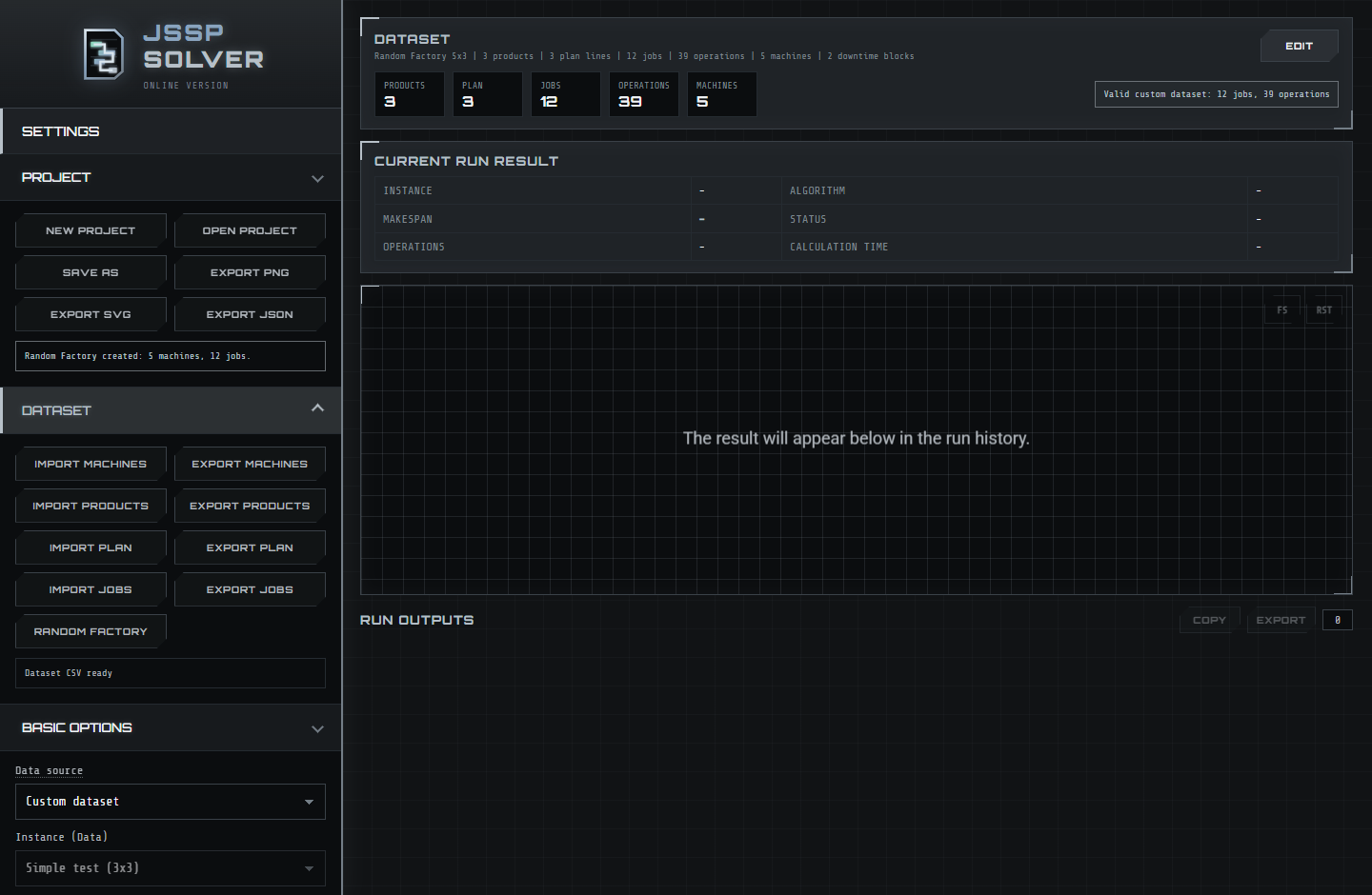 Main workspace with custom dataset and controls.