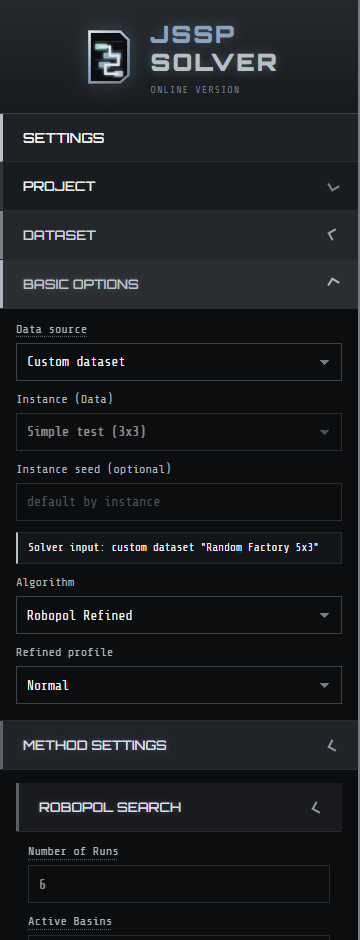 Solver settings panel.